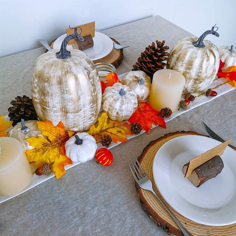 Artmag 16 Pcs Assorted Fall Artificial Pumpkins Harvest White Faux Pumpkins and Gold Plating Pumpkins for Halloween Fall Thanksgiving Decorating Displaying 