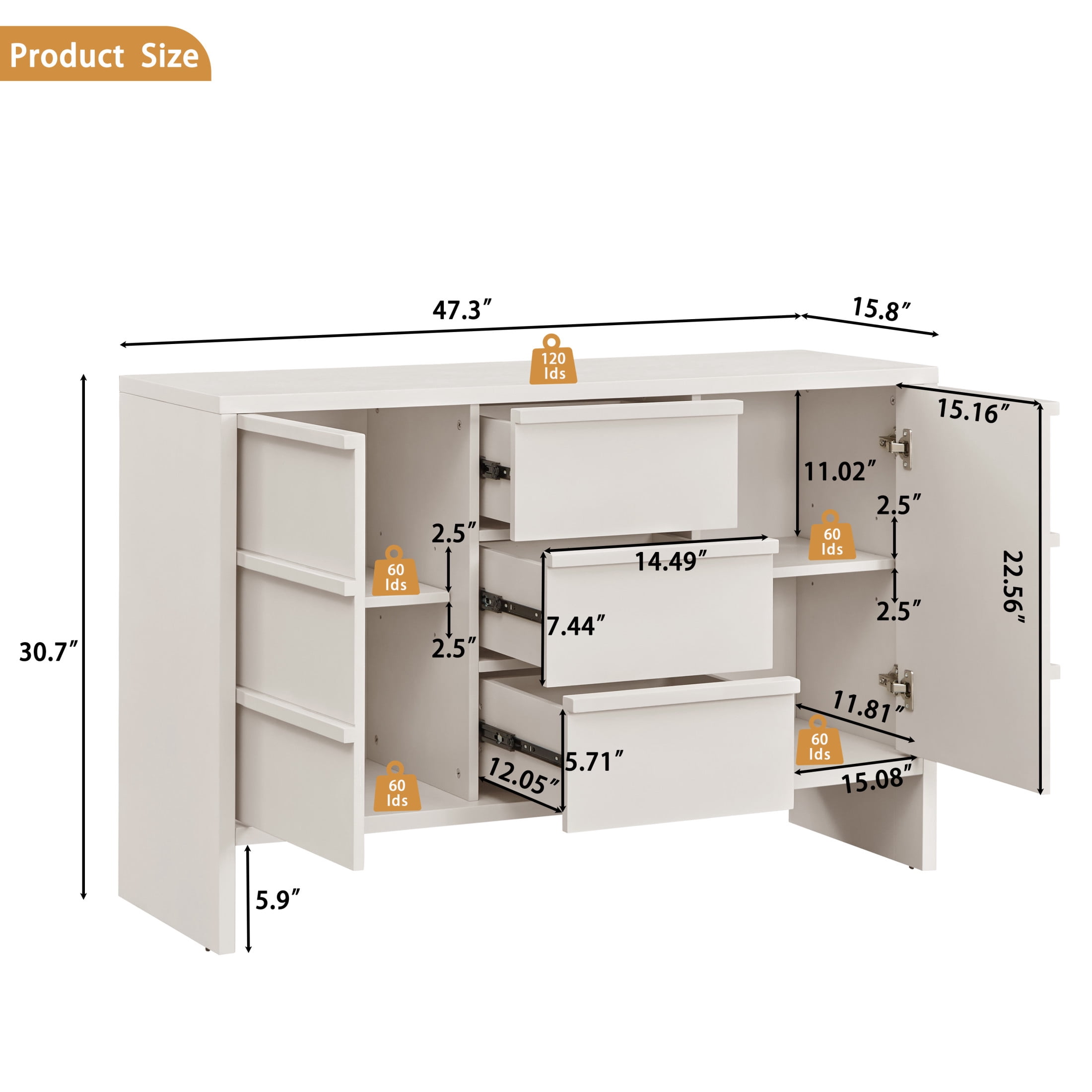 GDF Studio 47.3-Inch Sideboard Buffet Cabinet with 2 Doors, Drawers & Adjustable Shelves, White