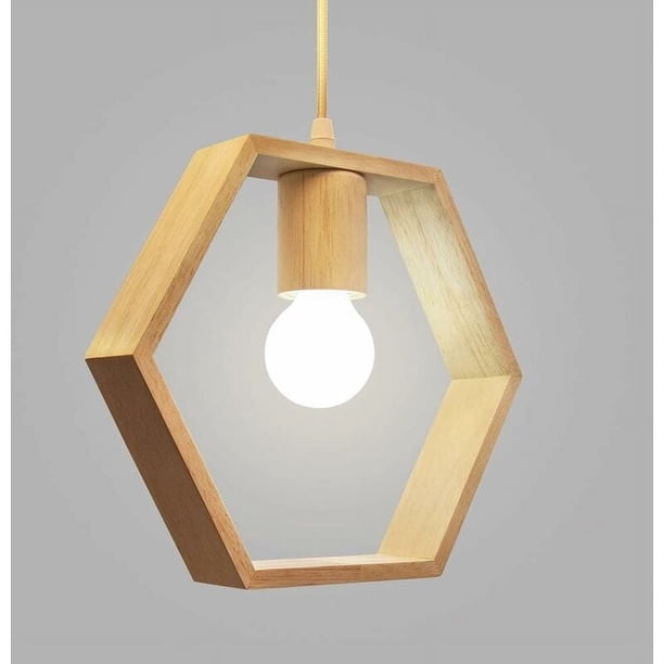 Lámpara colgante LED de madera nórdica, luces colgantes de geometría simple europea para restaurante, cuerpo de lámpara de madera de caucho y hierro forjado con longitud de cadena ajustable