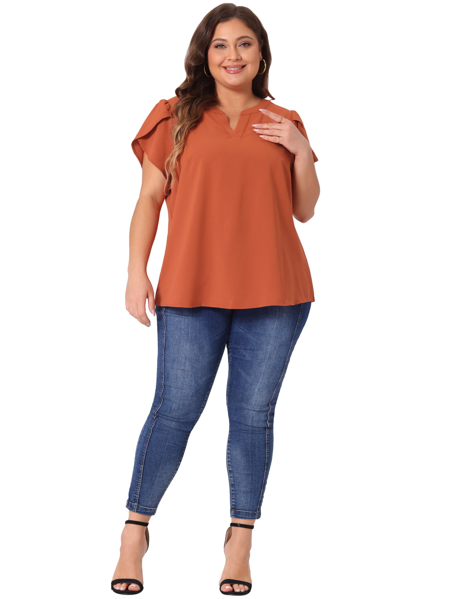 Women's Plus Blouses Notched V Neck Short Petal Sleeve Shirts Casual Dressy Tops 1X Caramel