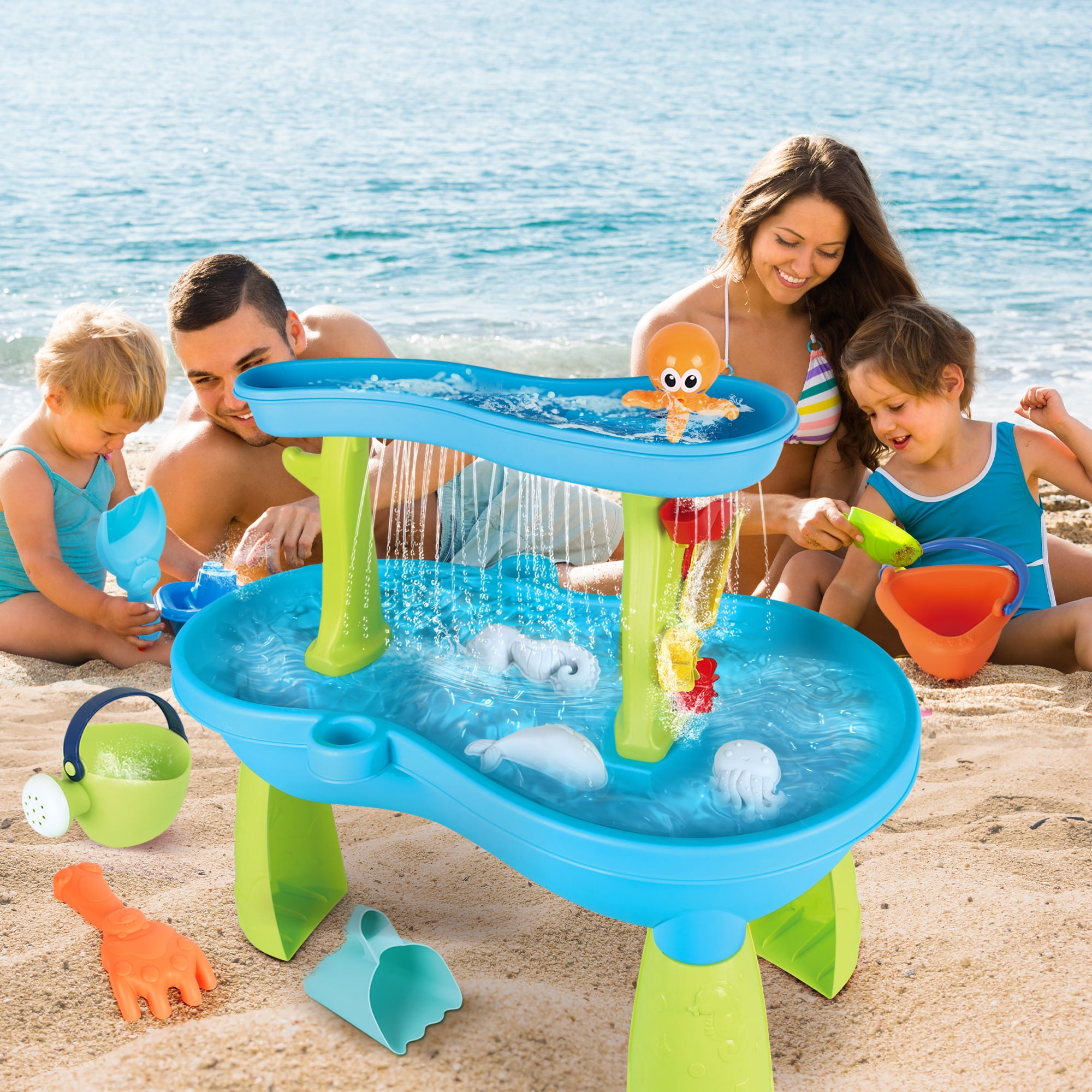 Water Tables For Toddlers, 2 In 1 Sand And Water Tables For Kids, Rain Showers Pond Water Sensory Tables Summer Outside Toys With 12 Piece Colorful Accessories, Gift For Boys Girls Kids Age 1-3 3-5