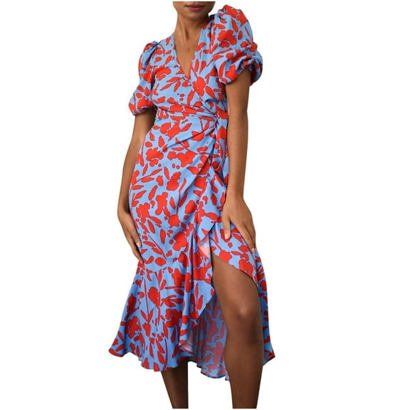 TIHLMK Dress Women's Summer Fashion Casual V Neck Printing Ruffles Short Sleeve Lacing Dress(Belt Included)