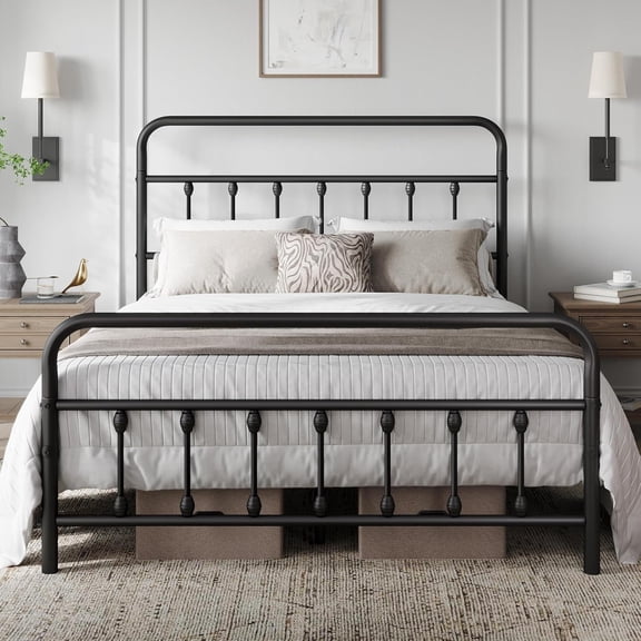 Colourfull Classic Metal Platform Bed Frame Mattress Foundation with Victorian Style Iron-Art Headboard/Footboard/Under Bed Storage/No Box Spring Needed/Queen Size Black