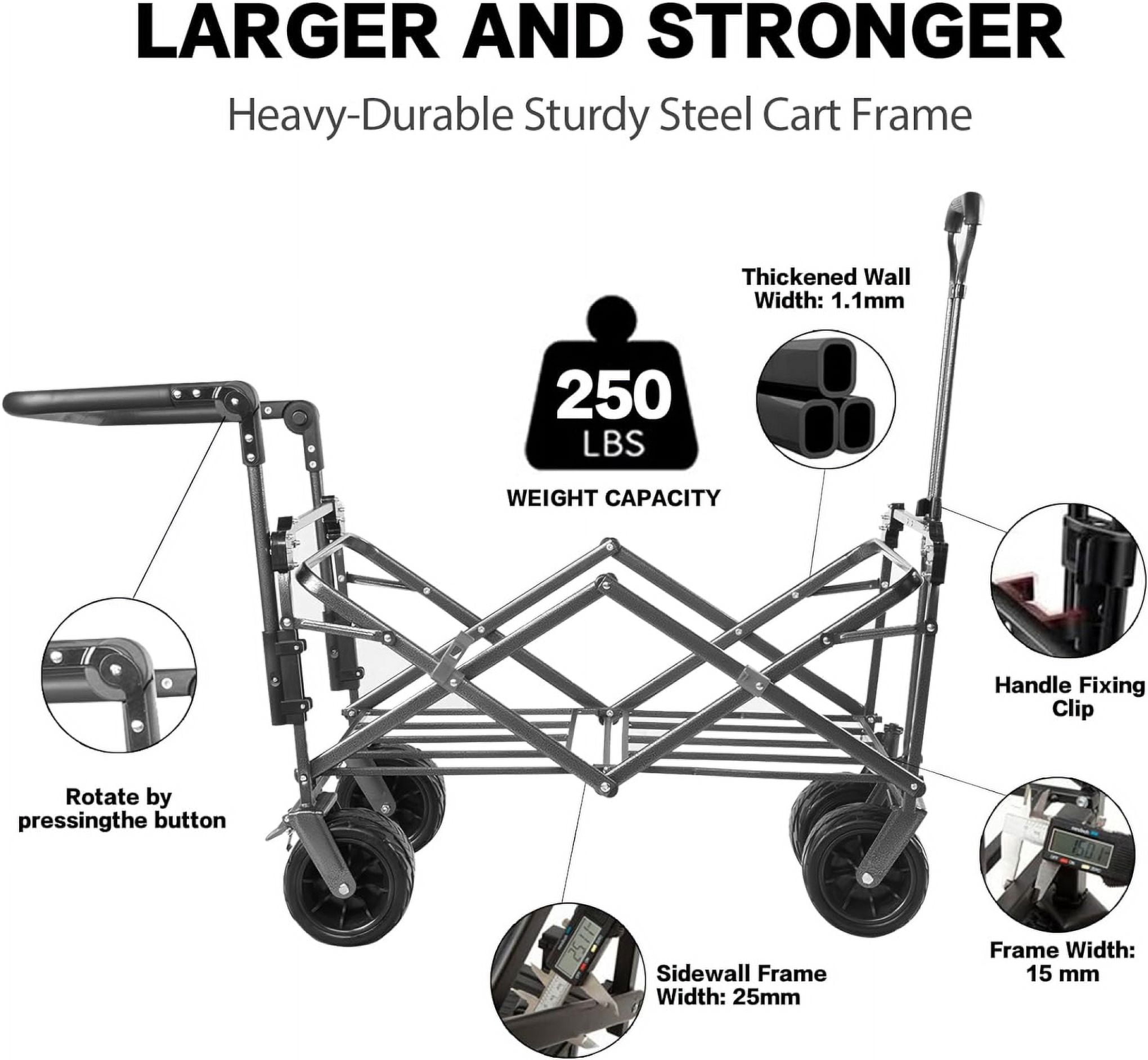 Collapsible Wagon Wagon Cart with Removable Canopy, Heavy Duty Foldable Beach Wagon with  All Terrain Wheels and Brake, Adjustable Push Pull Handle, 220LBS Cooler Bag Utility Carts for Outdoor, Gray
