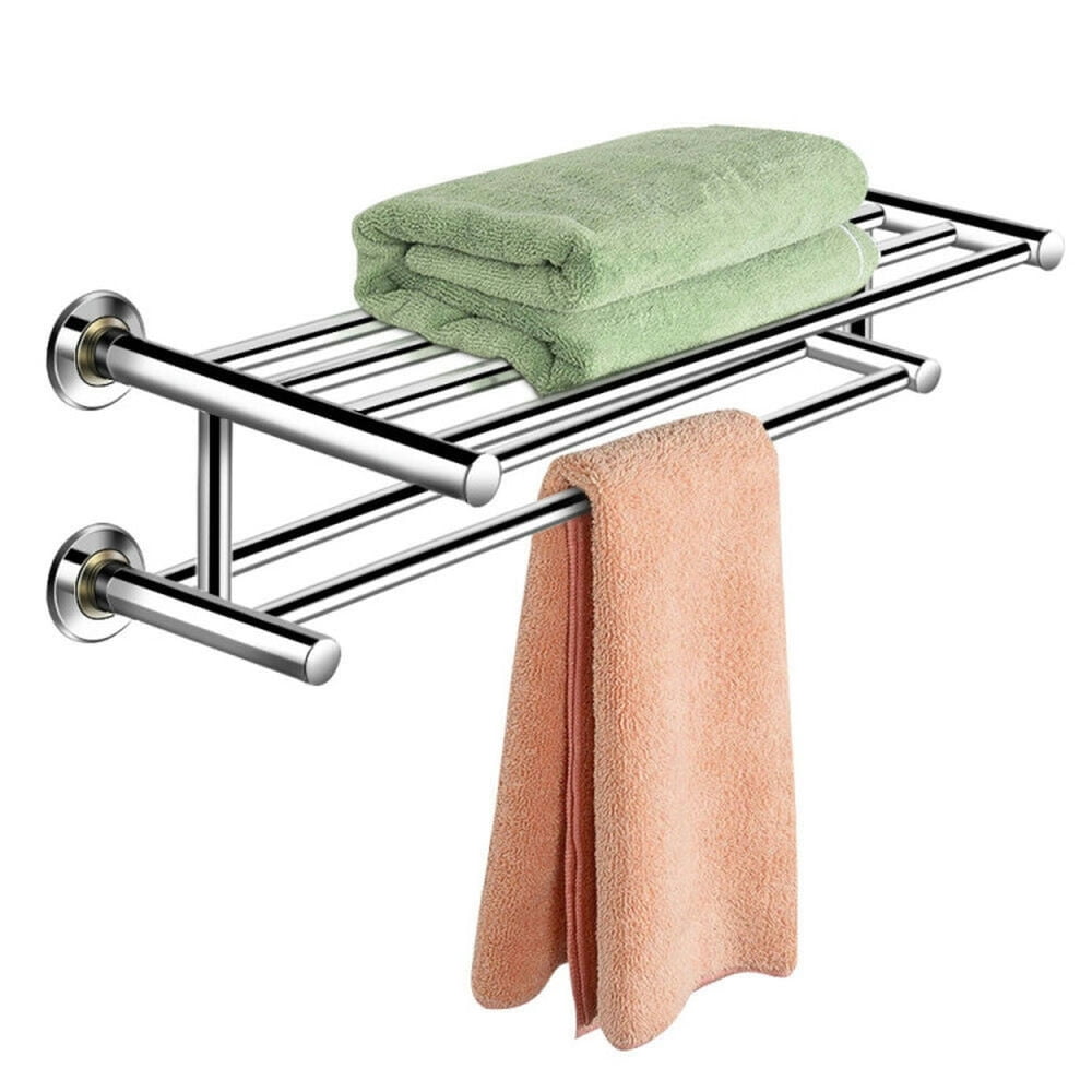 Finihen Towel Rack, Towel Holder, 24 Inch Wall Mounted Stainless Steel Towel Storage Rack with 2 Storage Tier, for Bathroom, Silver