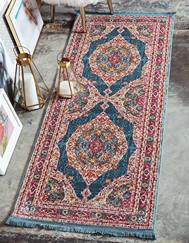 2 x 6 Unique Loom Baracoa Collection Bright Tones Vintage Traditional Light Blue Runner Rug
