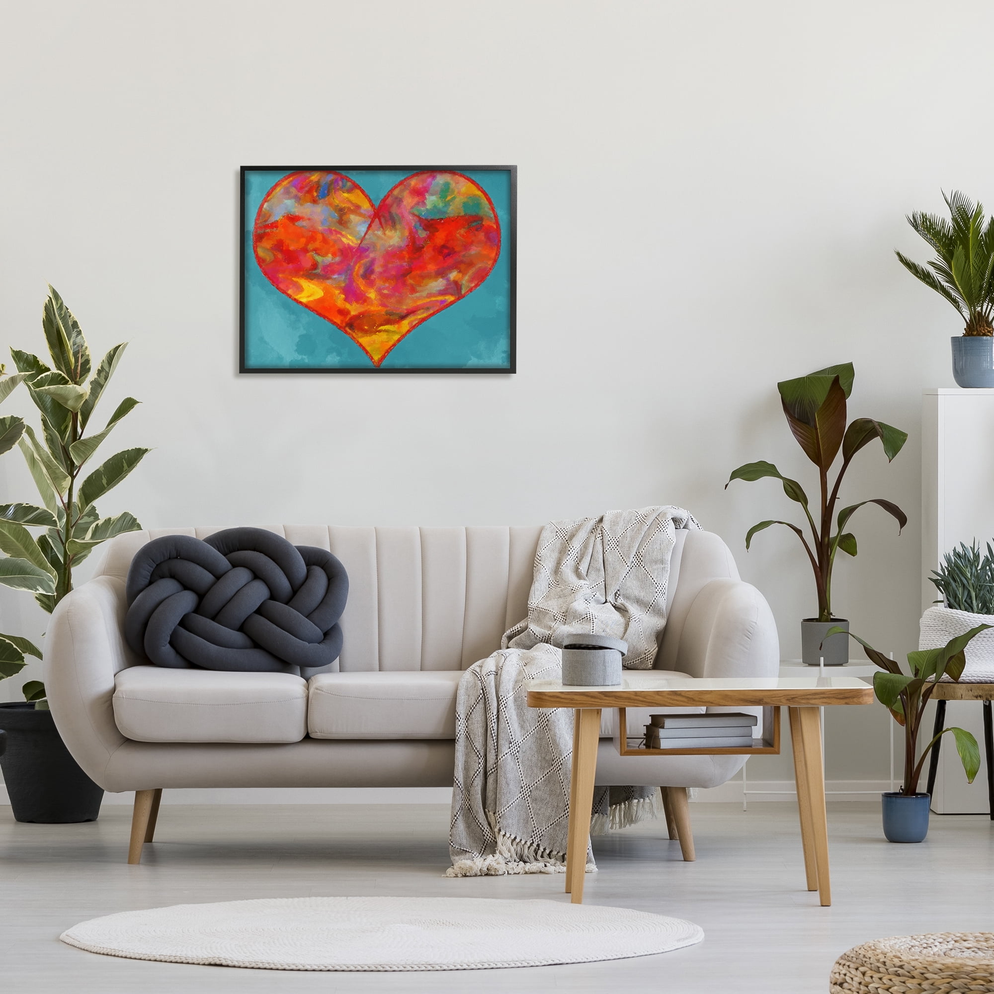 Stupell Industries Modern Heart on Blue Abstract Painting Black Framed Art Print Wall Art, 30 x 24