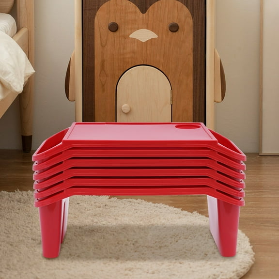 6 PCS Kids Lap Desk Tray, Portable Plastic Breakfast Trays with Side Pockets for Car, Home, Red