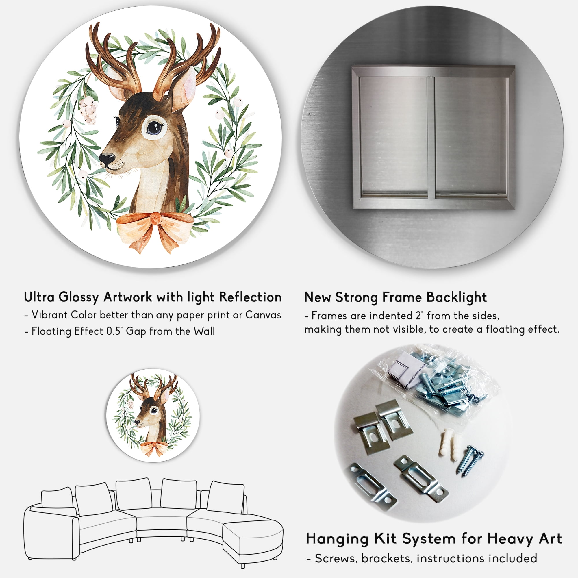 Designart 'Floral Wreath Isolated On White Over Deer' Farmhouse Circle Metal Wall Art 29x29 - Disc of 29