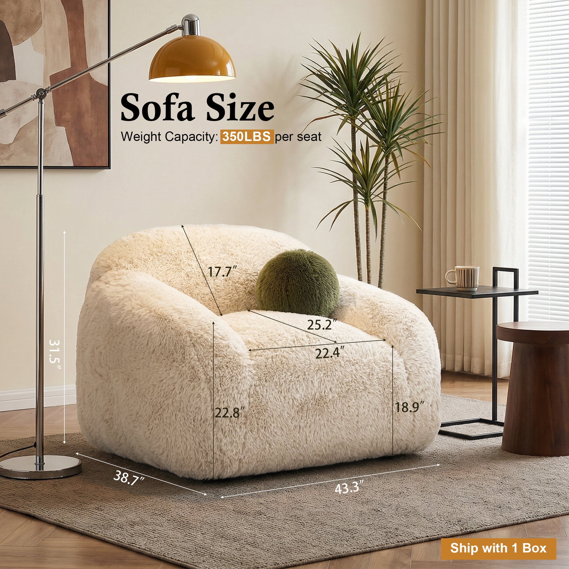 Aukfa Oversized 360° Swivel Sofa Chiar, 43.3" Plush Faux Fur Accent Chair with Ball Pillows, Beige