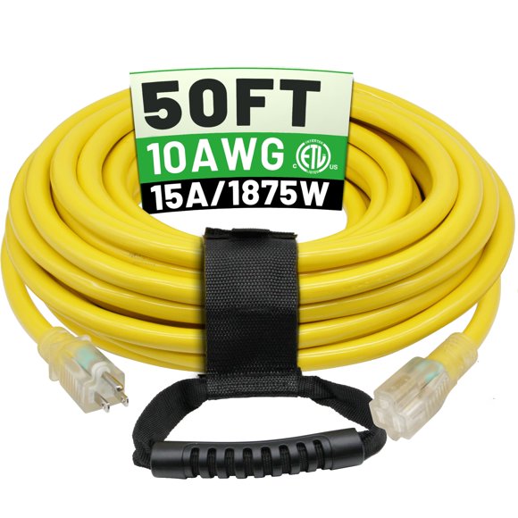 POWGRN 50 Ft 10AWG Outdoor Extension Cord Waterproof Heavy Duty 10 Gauge 3 Prong, Flexible Cold-Resistant Long Power Cord Outside with Lighted Indica