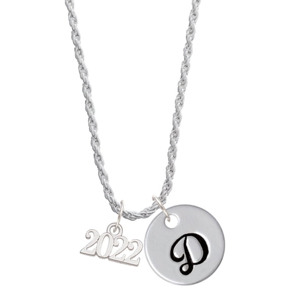 Delight Jewelry Silvertone Horizontal Year 2022 Silvertone Script Initial Disc - D - Charm Necklace, 20"+3"