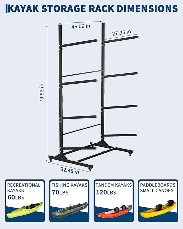 Kayak Storage Rack for 2-6 Kayaks Freestanding Kayak Rack for Outdoor Storage with Movable Wheels, Heavy-Duty Steel Kayak Hanger Holder with Hanging Straps