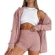 thumbnail image 3 of Conjunto de pantalones cortos con capucha y cremallera, manga larga, poliéster, transpirable, conjunto de salón de 2 piezas para mujer para correr, color rosa XL, 3 of 5