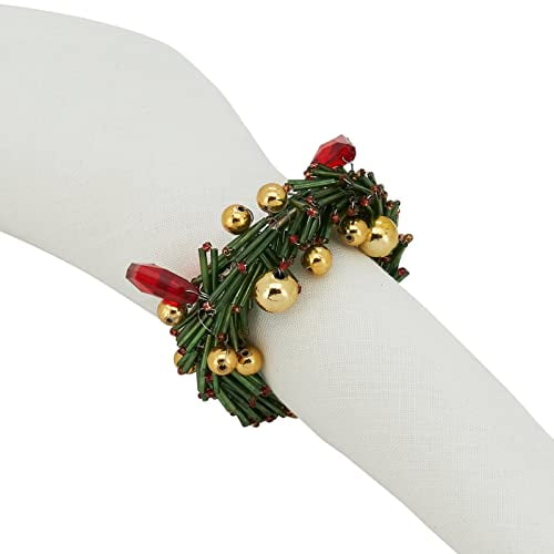 Fennco Styles Hand Beaded Christmas Wreath Decorative Napkin Rings, Set of 4 - Green Glass Beads Napkin Holders for Home, Dining Room, Banquet, Family Gathering, Holiday Décor and Special Occasion