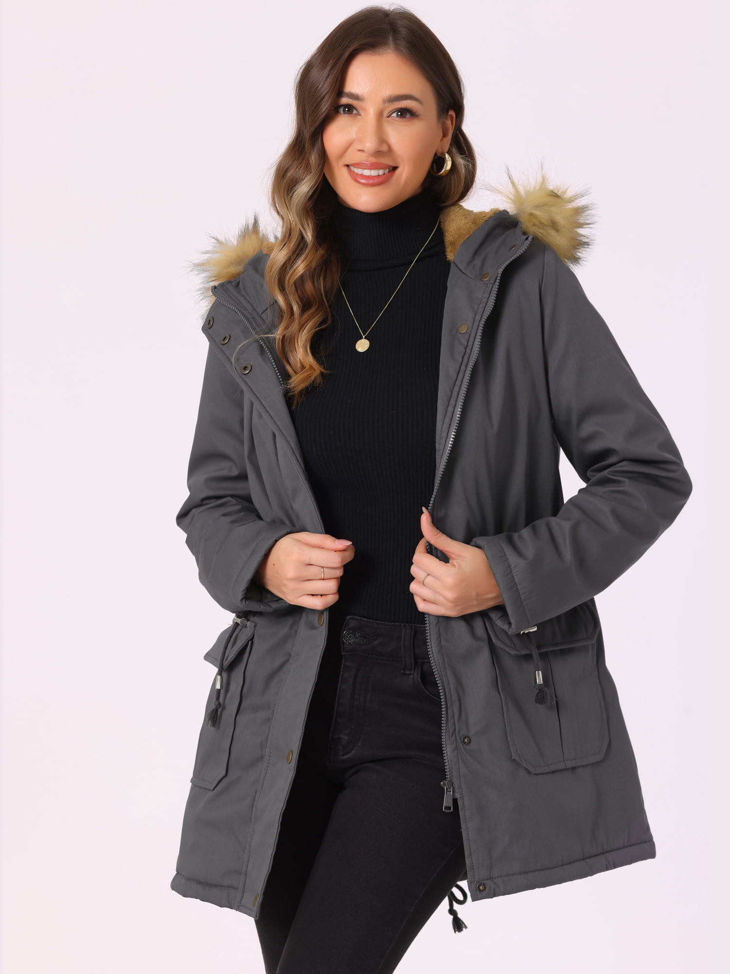 Unique Bargains Women Windproof Winter Parka Puffer Coat with Faux Fur Hood M Gray