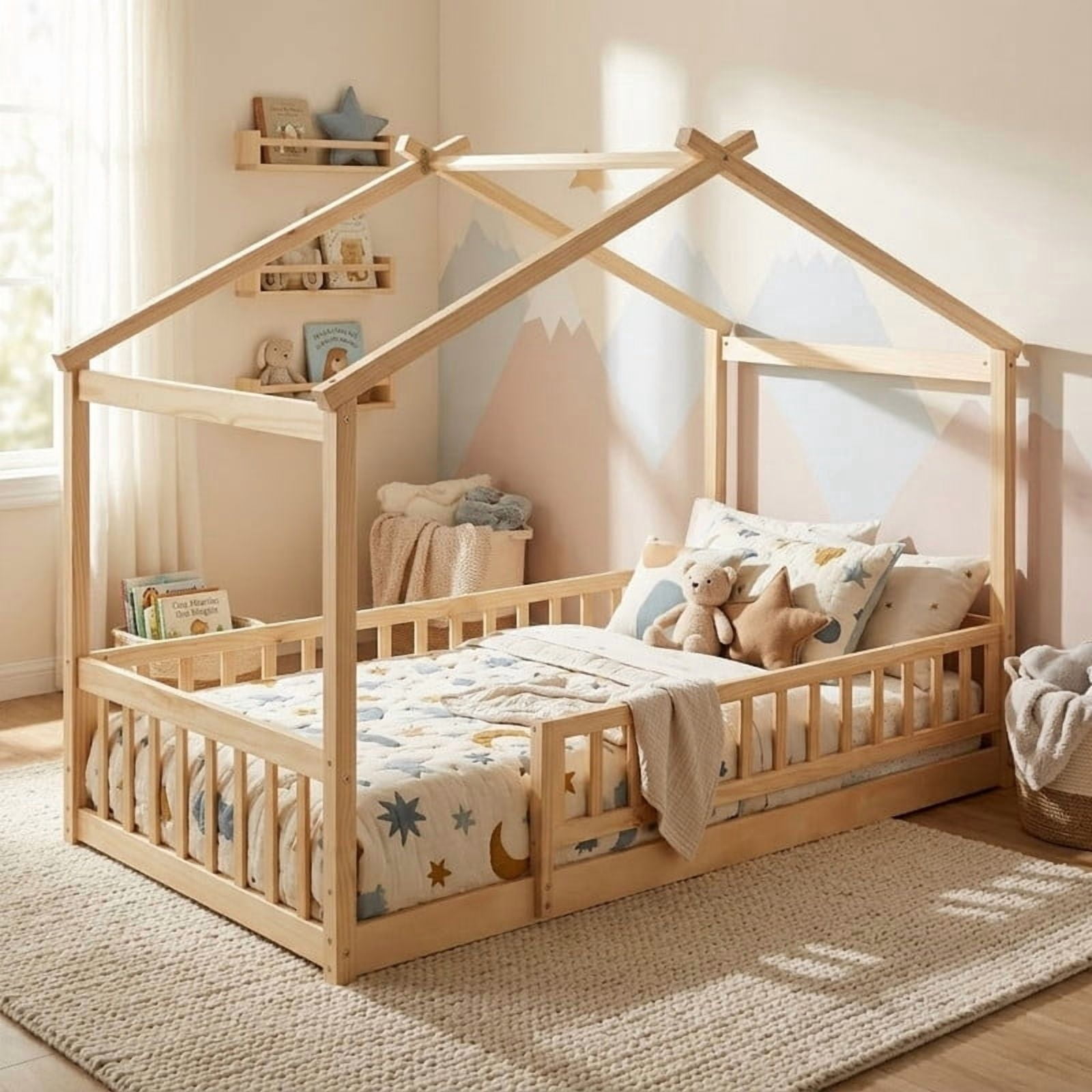 Twin Size Wood House Bed Floor Bed with Fence and Guardrails, Kids Playhouse Bed Toddler Bed Montessori Bed for Kids Boys Girls, No Box Spring Needed