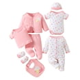 thumbnail image 4 of Pandaie 3 6 9M 8 Piece Baby Boy Girl Outfit Set Newborn Infant Summer Clothes Three Shirt Romper One Jumpsuit A Long Pants Bib Gloves Hat Pink, 4 of 8