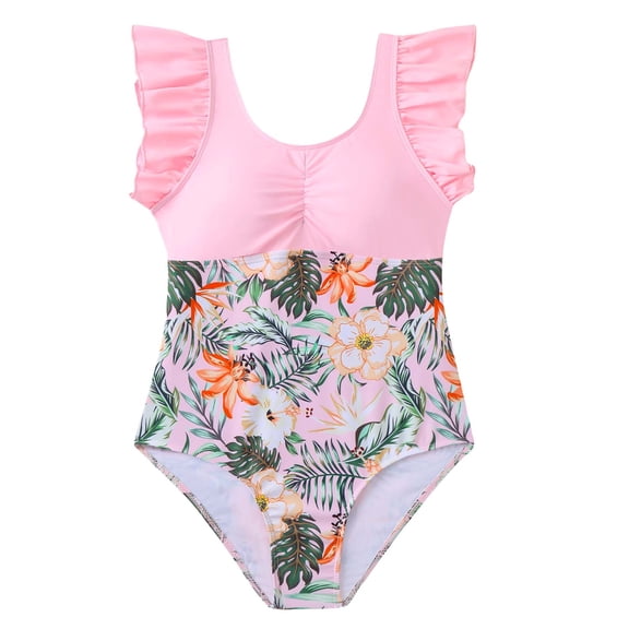 Kucnuzki 11 Years Big Girls One-piece Swimsuit 12 Years Tween Girl Summer Bathing Suit with Chest Pad Bikini Tankini Swim Wear Ruffle Floral Color Block Beach Wear Pink