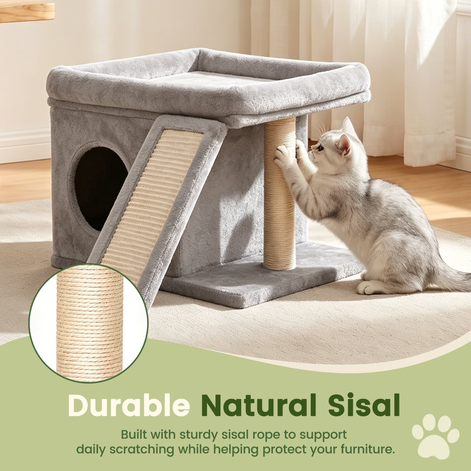 Cat Tree Tower with Perch Bed and Washable Top, Cat Tree with Sisal Scratching Posts, Condos, Plush Perches, Hanging Cat Toys, Extended Platform for Cats to Play and Sleep, Gray