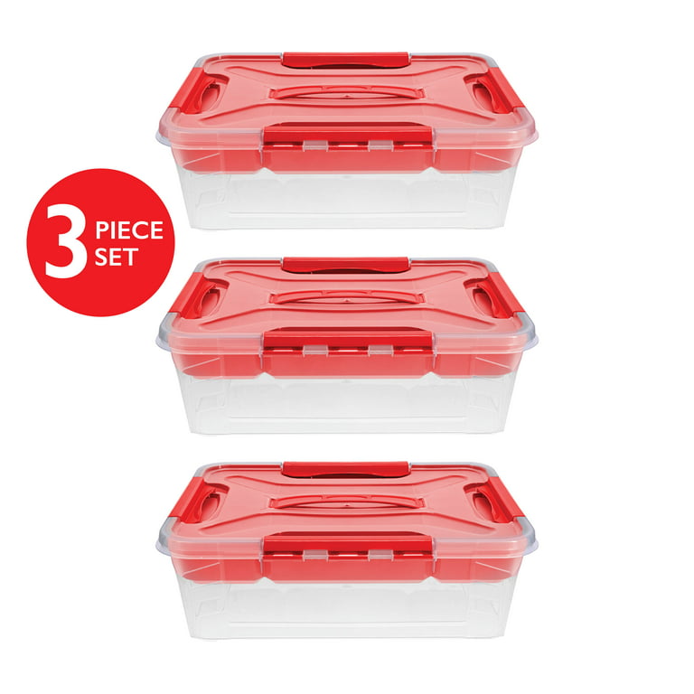 Wholesale Mr. Handy 3pk 2 Dividers Rectangular Food Container Set- 30oz RED  LID CLEAR CONTAINER