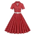 thumbnail image 2 of Red Polka Dot Printed Pinup 50s Summer Pleated Dress Belted Vintage Style Button Up Elegant Casual Women Rockabilly Dresses-1-S, 2 of 3