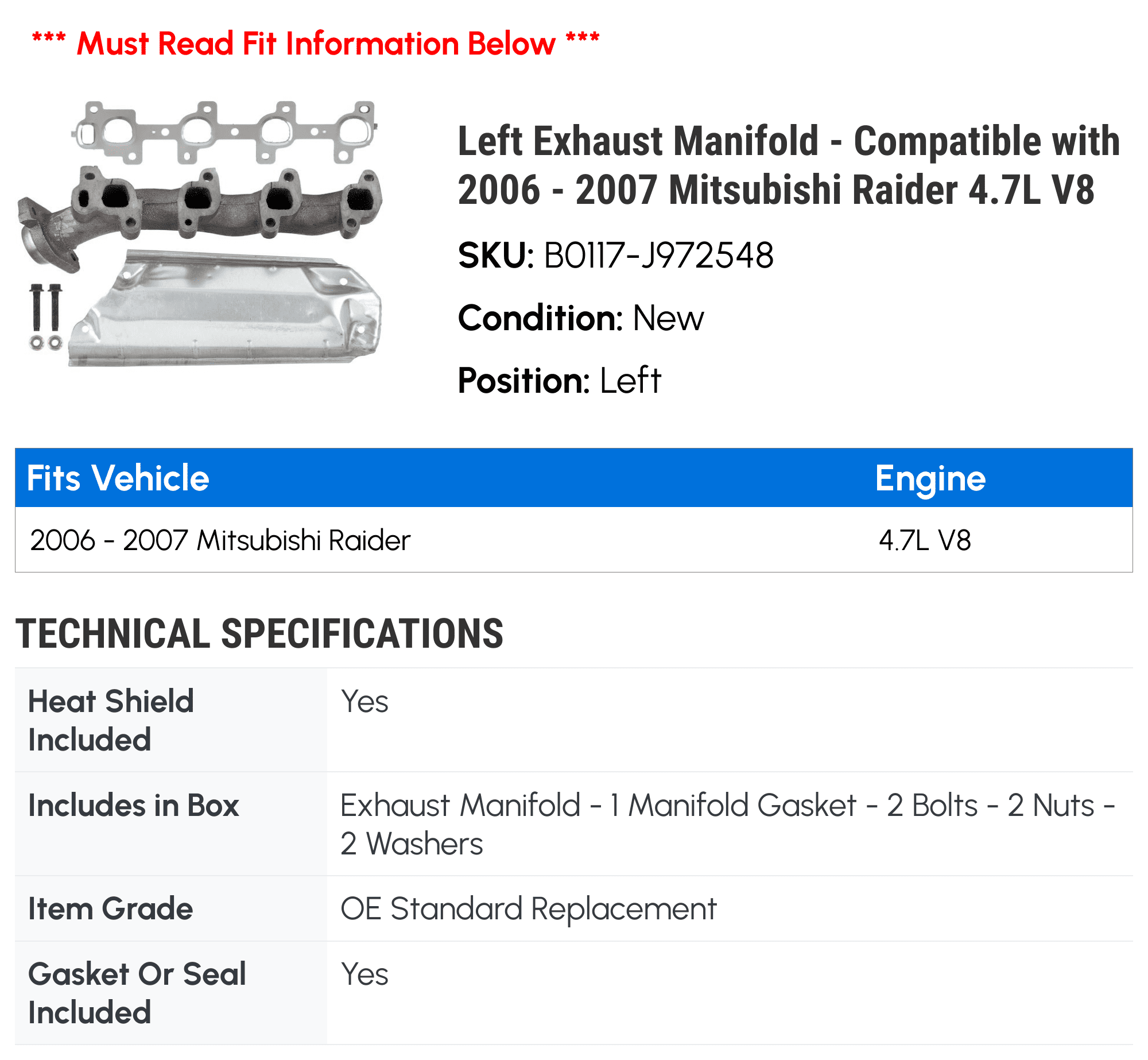 Left Exhaust Manifold - Compatible with 2006 - 2007 Mitsubishi Raider 4.7L V8