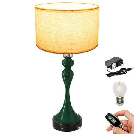FSLiving Artistic Green Linen Table Lamp, Wireless Remote Dimmable Battery Operated, Retro Modern for Living Room, End Table, Study
