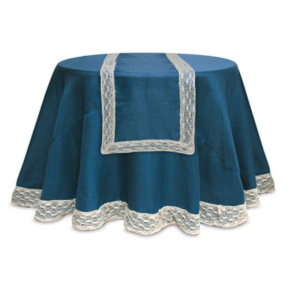 Opulent Blue and Cream Christmas Table Runner with Crocheted Edge 70