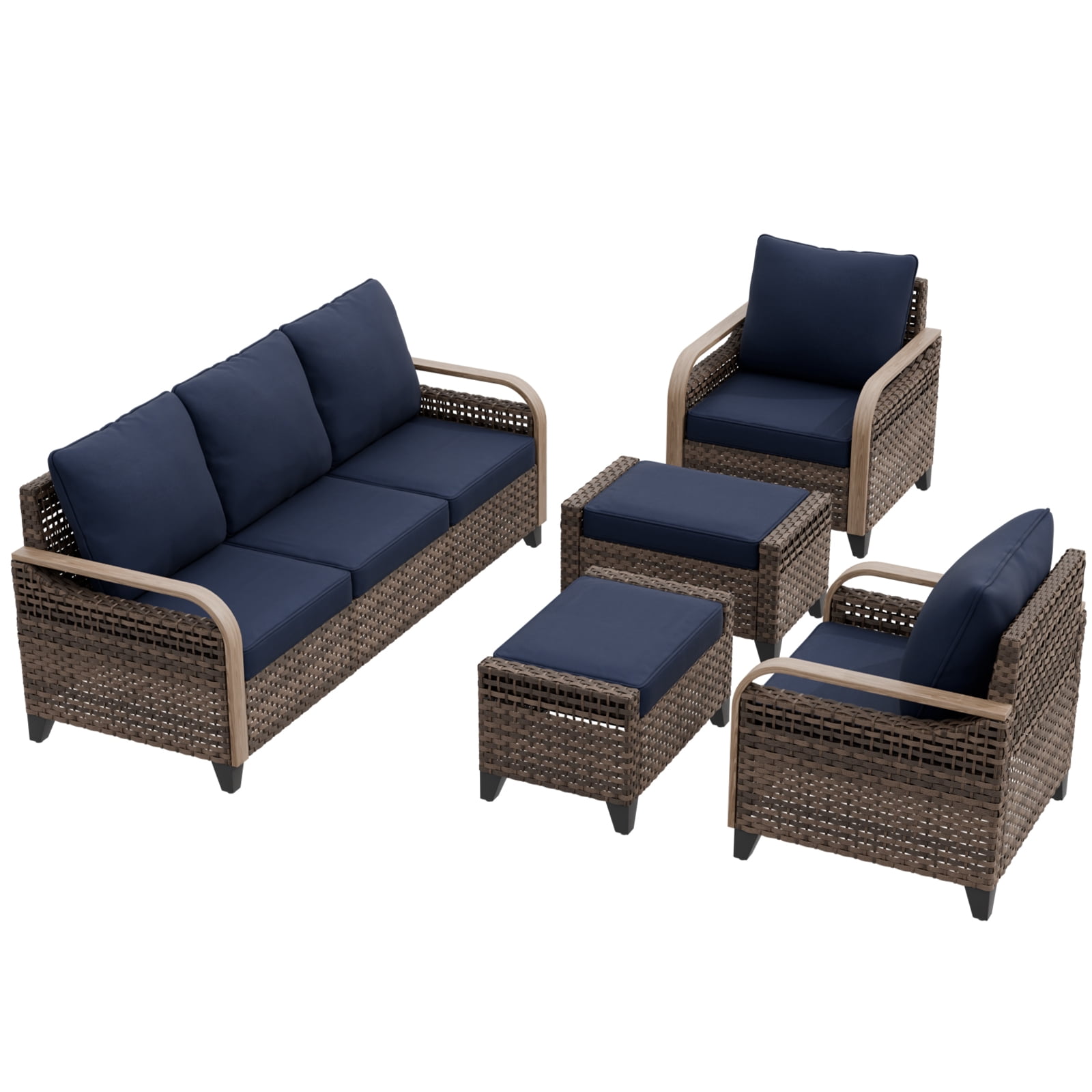 COOS BAY 5 Piece Brown Wicker Patio Sofa Set Outdoor Rattan Furniture Conversation Set 3-Seat Sofa, Dining Chairs and Ottomans with Blue Cushions