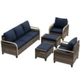 thumbnail image 3 of COOS BAY 5 Piece Brown Wicker Patio Sofa Set Outdoor Rattan Furniture Conversation Set 3-Seat Sofa, Dining Chairs and Ottomans with Blue Cushions, 3 of 8