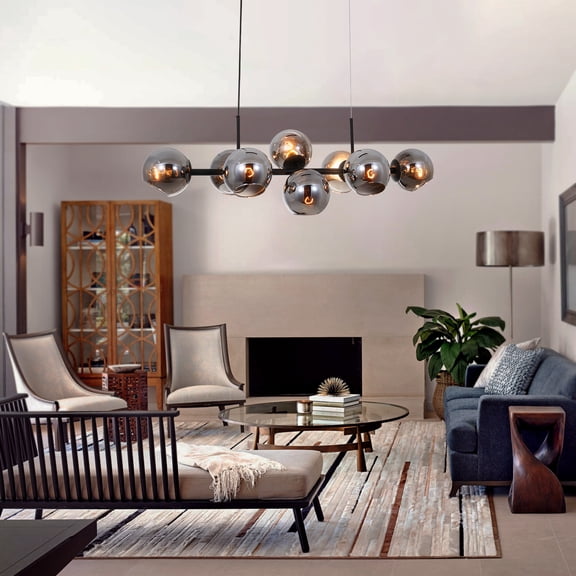 40" Smoke Grey Glass Chandelier 8-Lights with Adjustable Chain - Black Iron Frame, 8 E26 Sockets (No Bulbs), 60"H for Dining Room Living Room Entryway