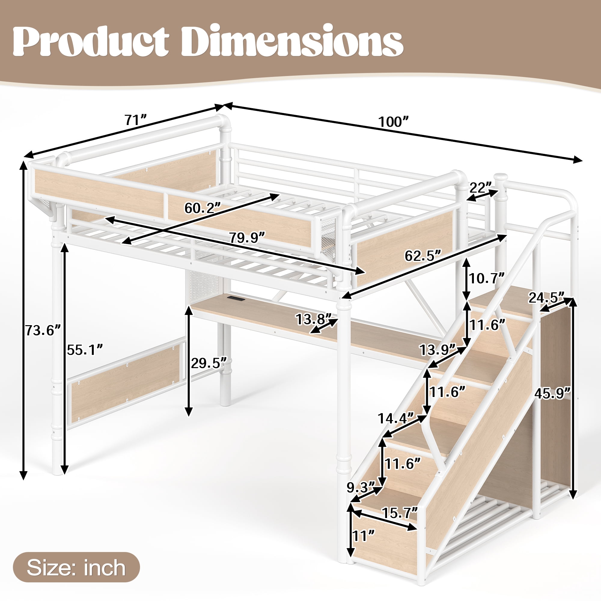 Leumius Queen Size Metal Loft Bed with Built-in Desk & Power Outlet, LED Strip, Industrial Metal Loft Bed Frame with Pegboard & Mesh Storage Baskets, Storage Stairs with Wardrobe, White