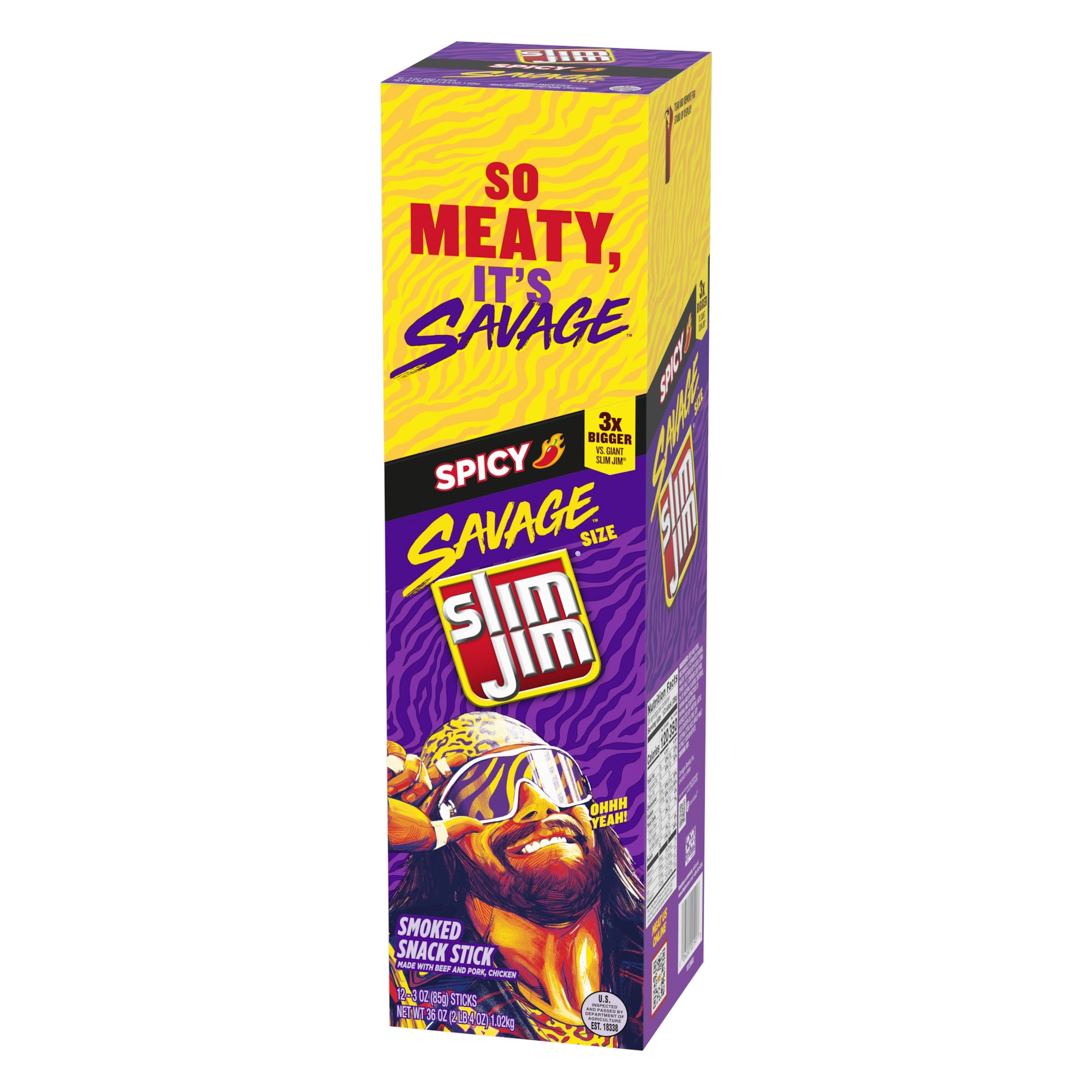 Slim Jim Savage Smoked Meat Sticks, Spicy Flavor, High Protein, 3.0 oz. (12-Count)