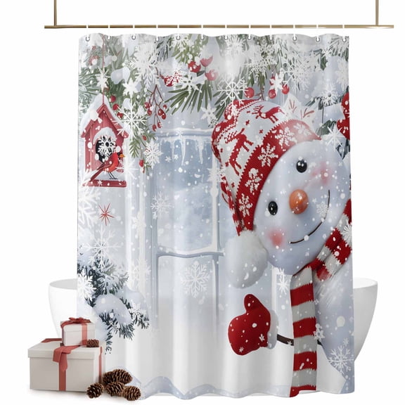 Christmas Bathroom Shower Curtain Cute Red Snowman Xmas Pine Leaf Winter Snowflake Waterproof Washable Shower Curtains for Bathtub Bath Decor with Grommets and Hook 36 X 72 Inch