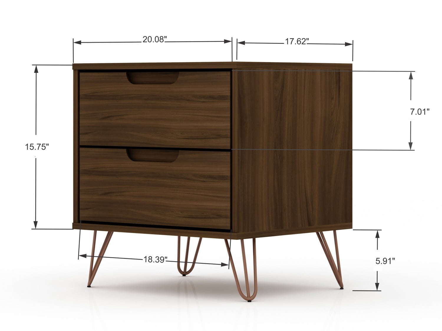 Nightstand, Mid Century Modern Bedside Table with 2 Drawers, Metal Splayed Legs and Adjustable Handle Design, Storage End Table for Bedroom Living Room, Chestnut
