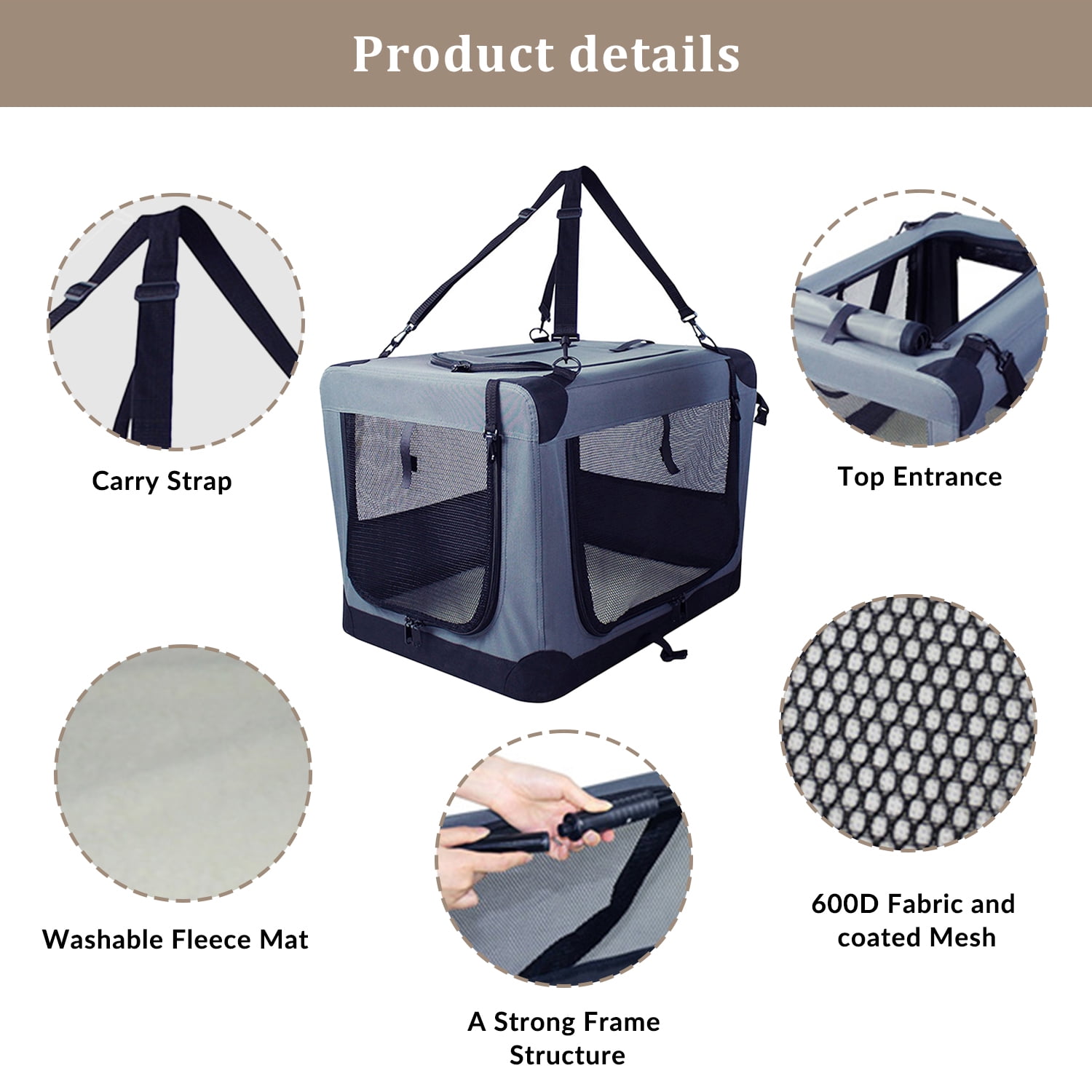 ZAKAPAWS Collapsible Soft Dog Crate, Portable 3 Door Dog Kennel, Travel Pet Crate Carrier for Indoor and Outdoor (26" L x 20" W x 20" H, Grey)