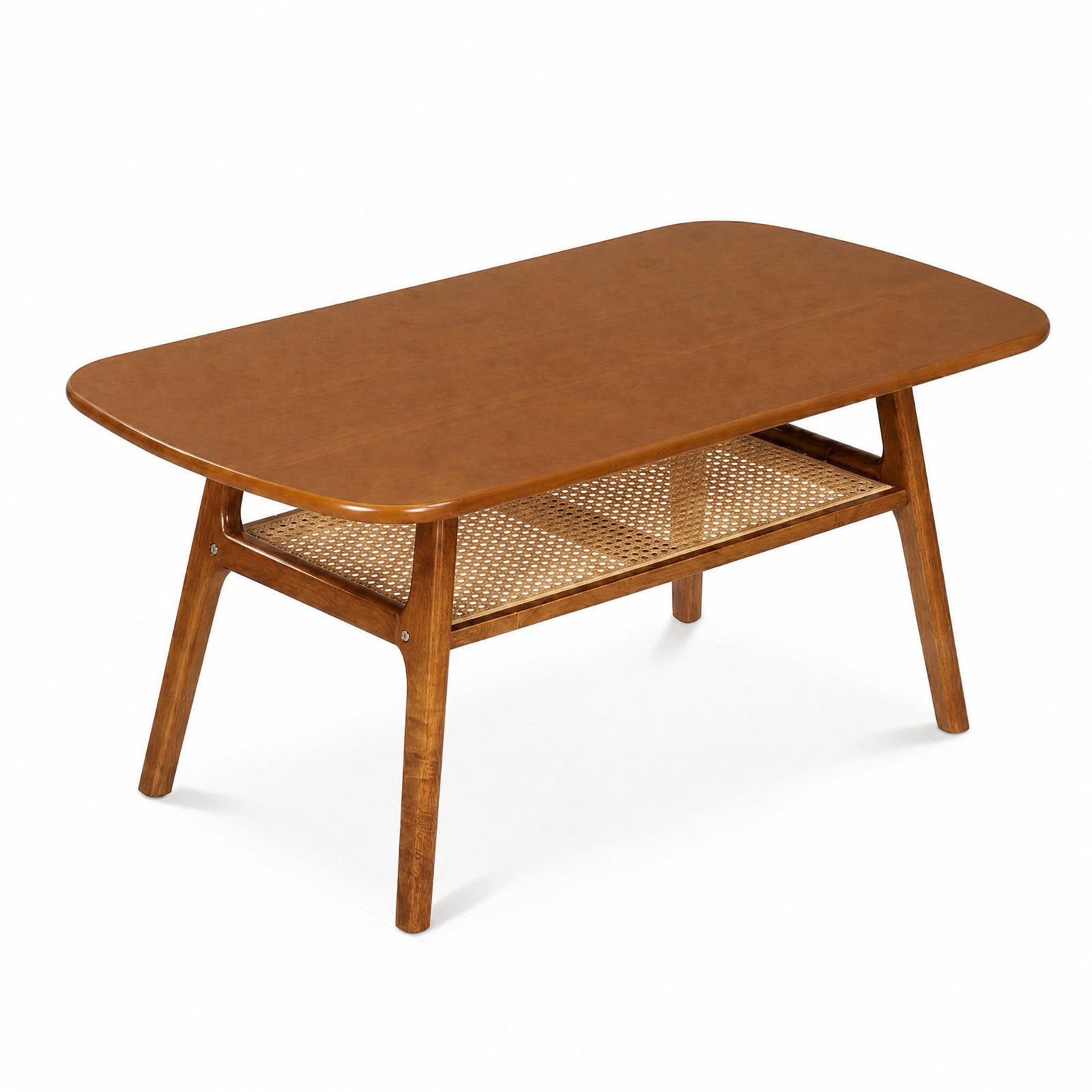 Furnibear 2 Tier Boho Rattan Coffee Table with Rounded Corners Rubber Wood Frame and Woven Open Shelf for Living Room, Walnut