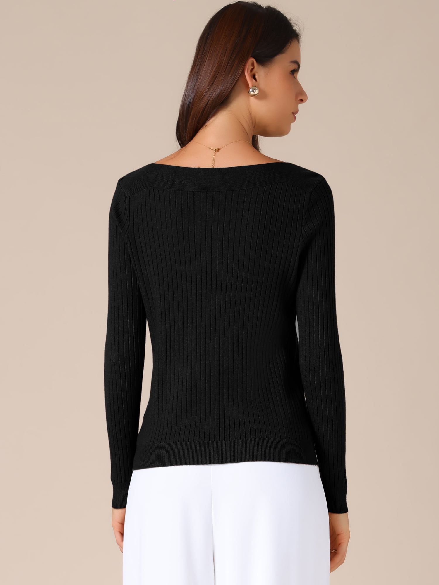 DARING DIVA Women's Boat Neck Long Sleeve Ribbed Sweaters L Black