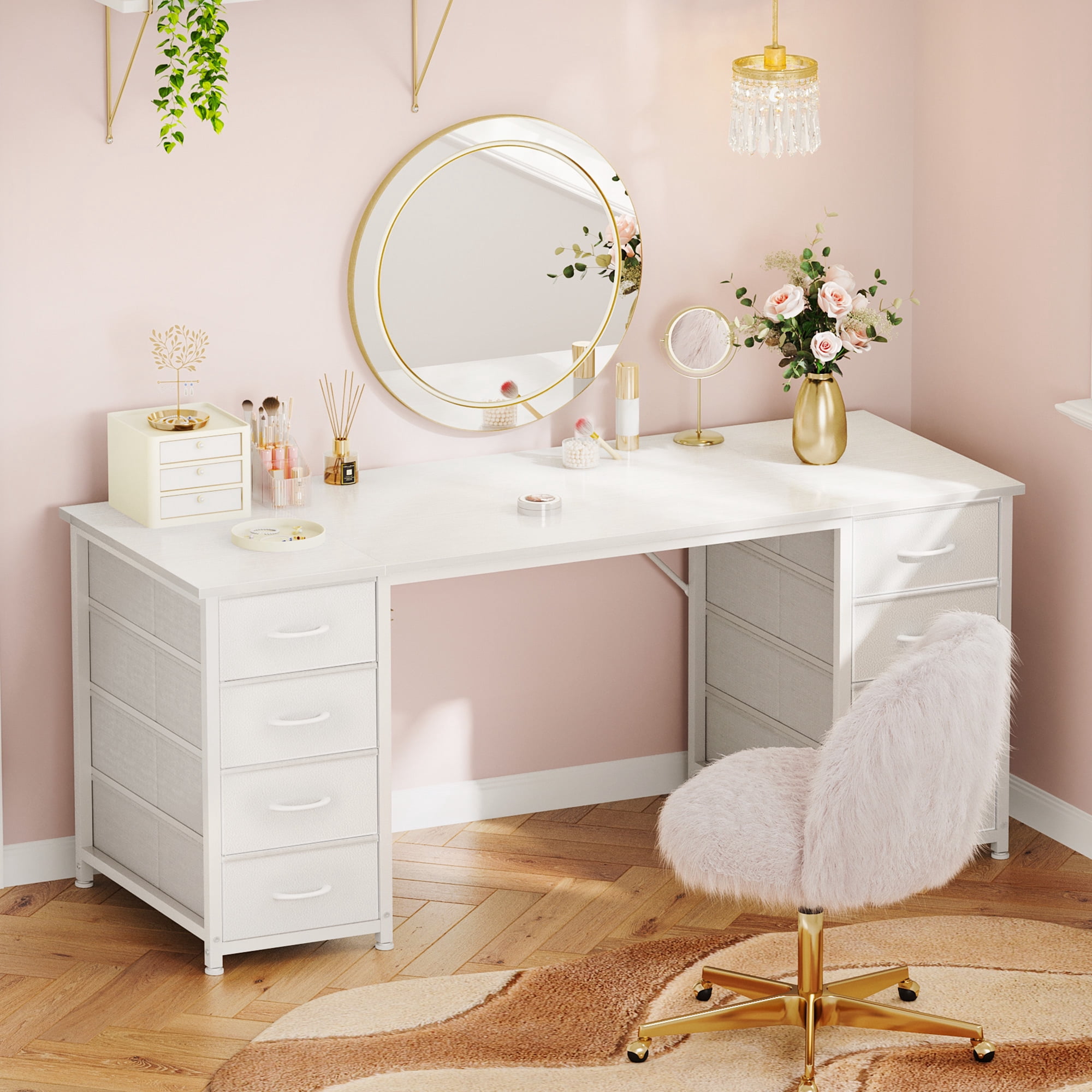 White Computer Desk with Drawers for Storage - 55 inch Home Office