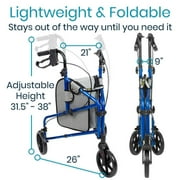 Vive 3 Wheel Walker Rollator for Senioirs - Lightweight Foldable Walking Transport, Weight Capacity 250lbs, Blue