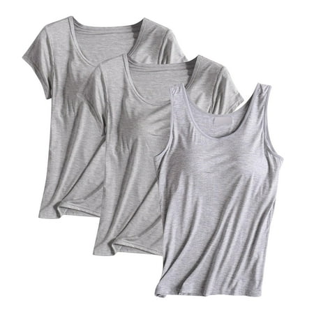 JGGSPWM Women s Cotton T-Shirt 3 Pack with Built-in Padded Bra Short Sleeves Shelf Bra Comfy Lounge Tees Gray 4XL