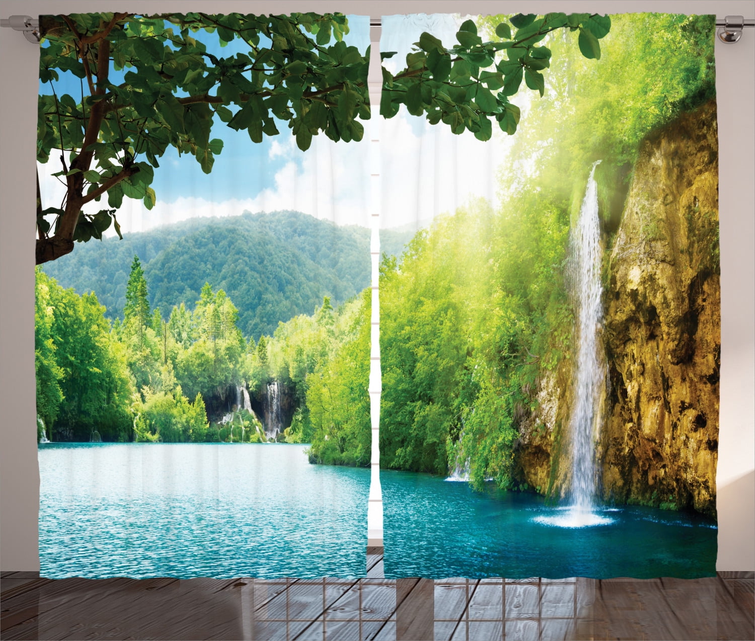 Waterfall Forest Brick Wall Photo Print Window 3D Curtain Blockout Drapes Fabric 