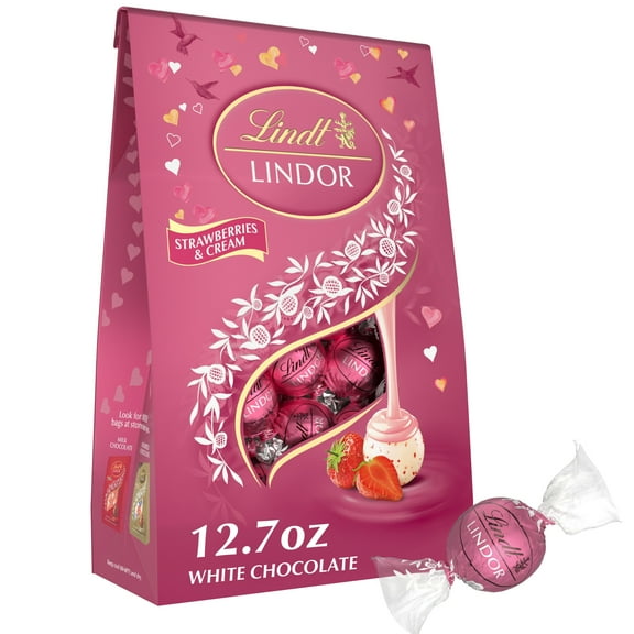 Lindt LINDOR Valentine's Day Strawberries and Cream White Chocolate Candy Truffles, 12.7 oz. Bag