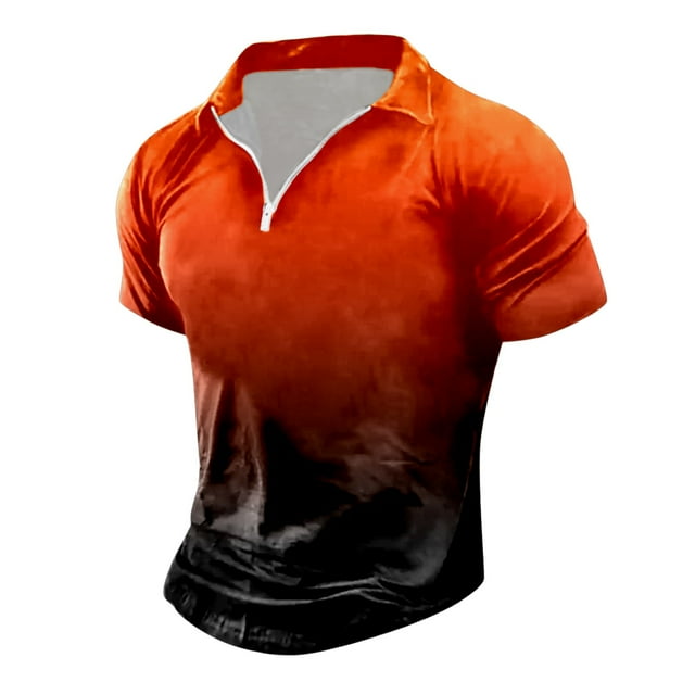HBFAGFB T-Shirts for Men Summer Lapel Quarter Zip Pullover Men Gradient Print Retro Tops Orange Size S