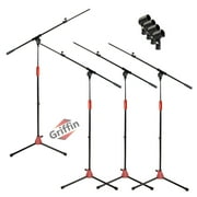Tripod Microphone Boom Stand with Mic Clip Adapter (Pack of 4) by Griffin Adjustable Holder Mount For Studio Recording Accessories, Singing Vocal Karaoke, Live Stage Folding Legs & Telescoping Arm