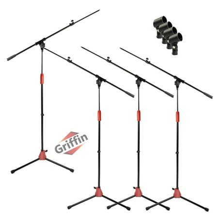 Tripod Microphone Boom Stand with Mic Clip Adapter (Pack of 4) by Griffin Adjustable Holder Mount For Studio Recording Accessories, Singing Vocal Karaoke, Live Stage Folding Legs & Telescoping Arm