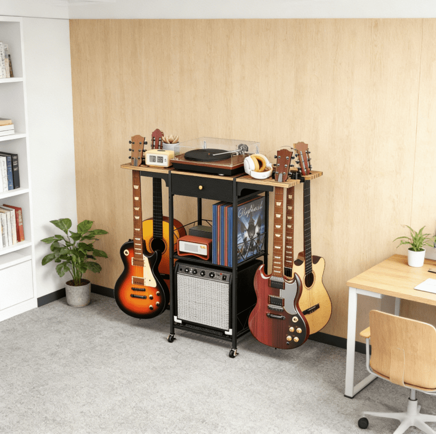 【HOSTK】3-Tier Rolling Guitar Stand with Wheels – Eco-Friendly Multifunctional Floor Rack with Amp Drawer & Storage Shelf, Portable Organizer for Electric, Acoustic Guitars, Music Studio & Home