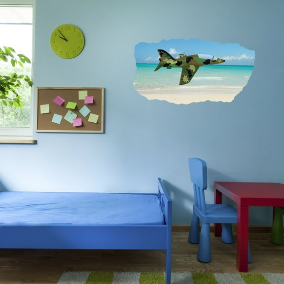 Watercolor Decal Living Room Wall Decal for Family Attack Fighter Jet Camouflage Art Design Cute Themed Room Décor - Size: 10 In x 5 In