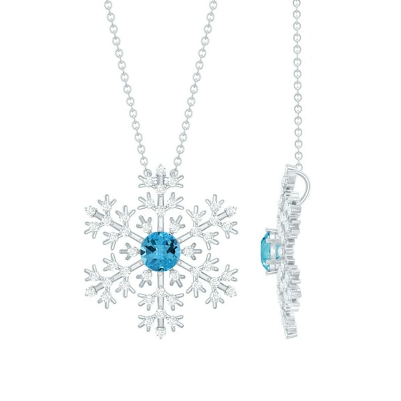 Rosec Jewels Snowflake Pendant for Women, Natural Swiss Blue Topaz and Diamond Necklace, with Chain - Ready to Gift for Christmas, 925 Sterling Silver